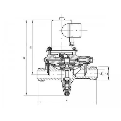 Латунный запорный проходной штуцерный клапан с электромагнитным приводом и ручным управлением