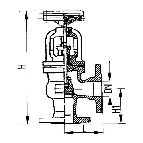 Фланцевый угловой сальниковый судовой запорный клапан с ручным управлением 521-01.206 